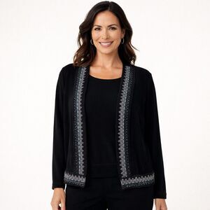 Chico's Travelers Cardigan Womens Sz S Black Open Front Embroidered Sequin Top